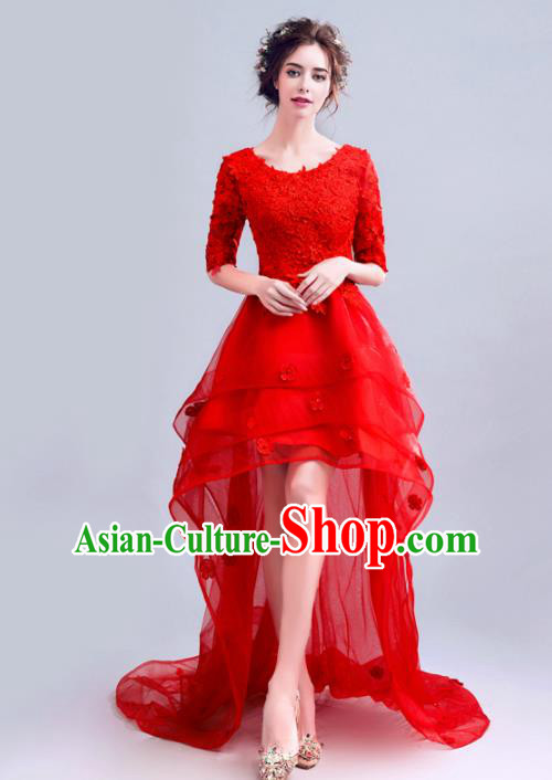 Handmade Red Veil Trailing Evening Dress Compere Costume Catwalks Angel Full Dress for Women