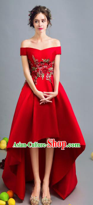 Top Grade Red Silk Trailing Formal Dress Compere Costume Catwalks Evening Dress for Women