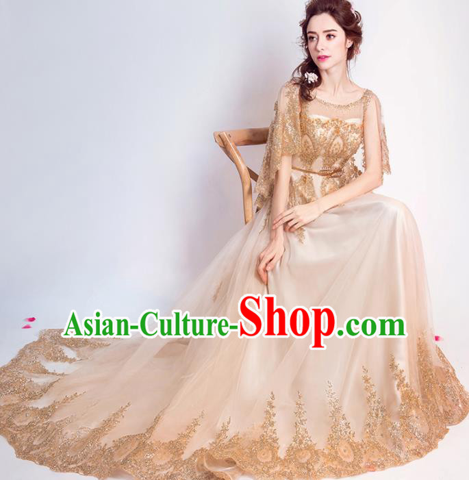 Handmade Bride Golden Embroidered Wedding Dress Princess Costume Flowers Fairy Fancy Wedding Gown for Women