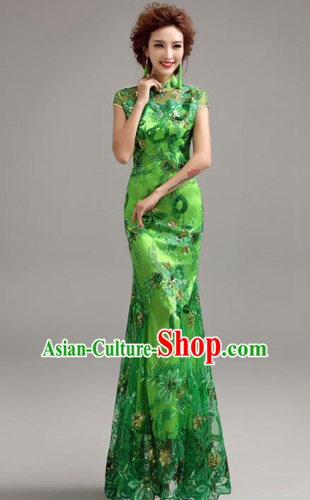 Chinese Traditional Mermaid Full Dress Wedding Bride Green Cheongsam for Women