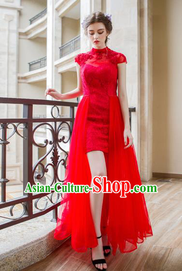 Chinese Traditional Embroidered Red Veil Cheongsam Wedding Bride Compere Chorus Full Dress for Women