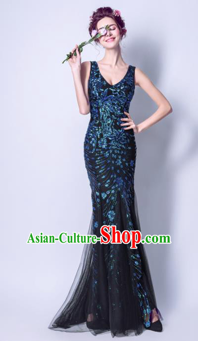 Top Grade Handmade Black Veil Formal Dress Compere Costume Catwalks Angel Evening Dress for Women