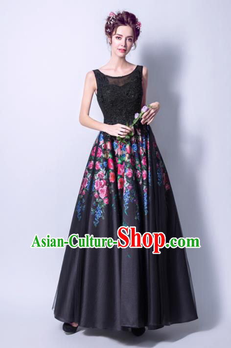 Top Grade Handmade Printing Roses Black Formal Dress Compere Costume Catwalks Angel Evening Dress for Women