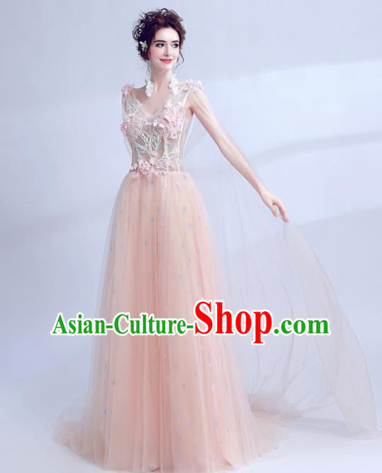 Handmade Pink Veil Evening Dress Compere Costume Catwalks Angel Full Dress for Women