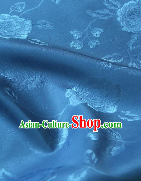 Asian Traditional Palace Drapery Korean Hanbok Royal Peony Pattern Blue Brocade Satin Fabric