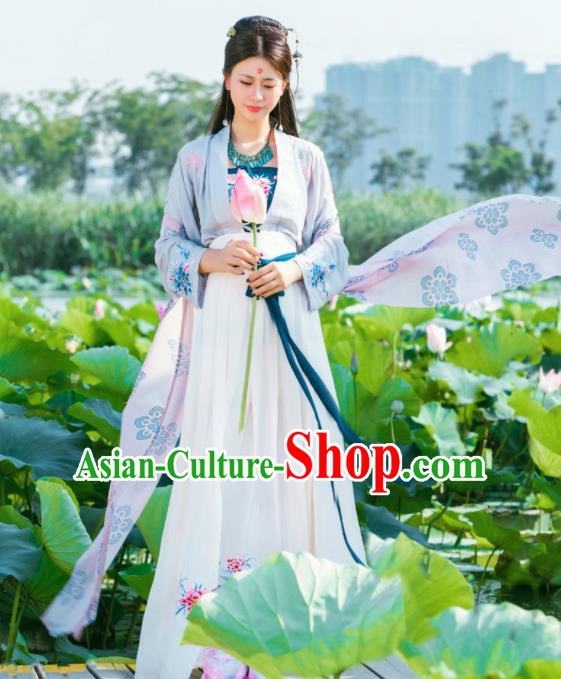 Chinese Traditional Tang Dynasty Historical Costumes Ancient Peri Nobility Lady White Hanfu Dress for Women