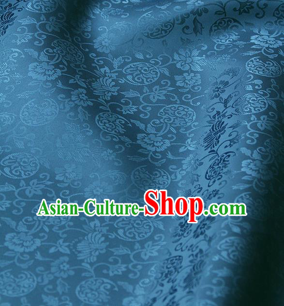 Traditional Asian Blue Satin Classical Pattern Drapery Korean Hanbok Palace Brocade Silk Fabric
