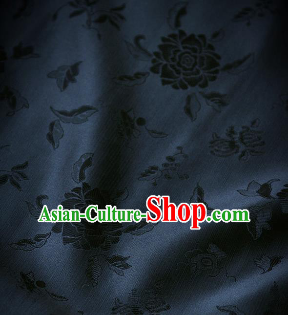 Traditional Asian Black Brocade Classical Peony Pattern Drapery Korean Hanbok Palace Satin Silk Fabric