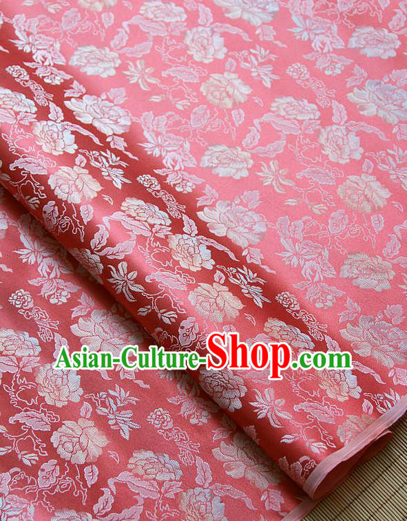 Traditional Asian Classical Peony Pattern Red Brocade Drapery Korean Hanbok Palace Satin Silk Fabric