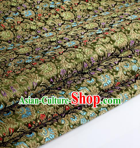 Chinese Traditional Olive Green Brocade Fabric Tang Suit Classical Cockscomb Flower Pattern Design Tang Suit Silk Material Satin Drapery