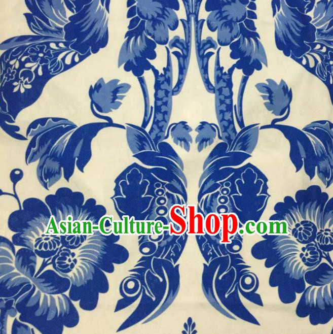 Chinese Traditional Brocade Fabric Qipao Classical Blue and White Porcelain Pattern Design Silk Material Satin Drapery