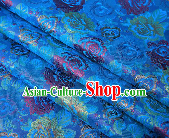 Chinese Traditional Jacquard Fabric Qipao Dress Blue Brocade Classical Roses Pattern Design Satin Material Drapery