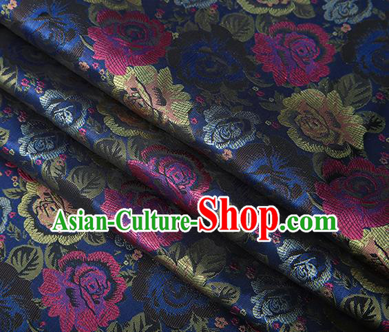 Chinese Traditional Jacquard Fabric Qipao Dress Navy Brocade Classical Roses Pattern Design Satin Material Drapery