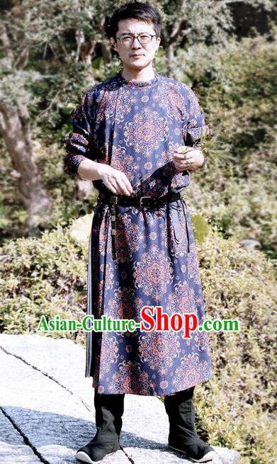Chinese Ancient Tang Dynasty Blue Round Collar Robe Swordsman Imperial Bodyguard Costumes for Men