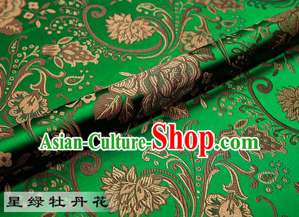 Chinese Traditional Green Satin Classical Peony Pattern Design Brocade Fabric Tang Suit Material Drapery
