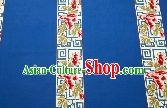 Top Grade Classical Peony Pattern Blue Brocade Chinese Traditional Garment Fabric Cushion Satin Material Drapery