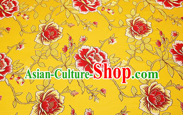 Top Grade Classical Peony Pattern Yellow Brocade Chinese Traditional Garment Fabric Cushion Satin Material Drapery