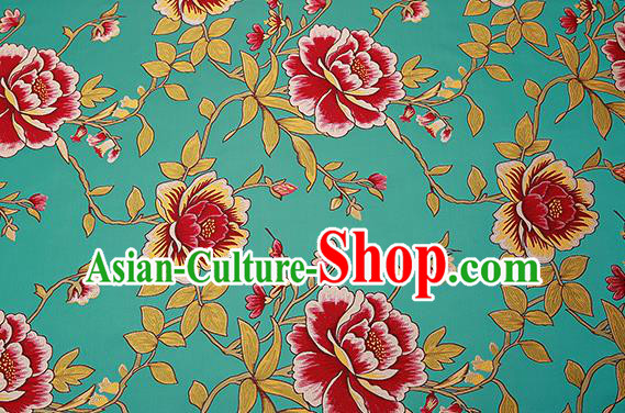 Top Grade Classical Peony Pattern Green Brocade Chinese Traditional Garment Fabric Cushion Satin Material Drapery