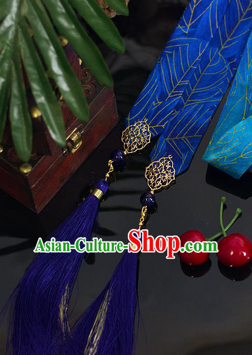 Top Grade Chinese Handmade Blue Silk Headband Ancient Hanfu Hair Accessories for Women