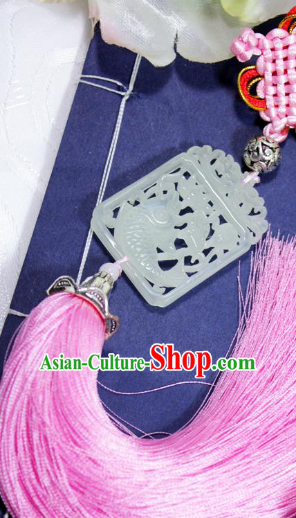 Chinese Traditional Handmade Pink Tassel Waist Accessories Palace Carving Fish Jade Pendant for Men