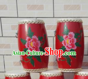 Chinese Traditional Handmade Drums Folk Dance Red Waist Drum Printing Peony Cowhide Drums
