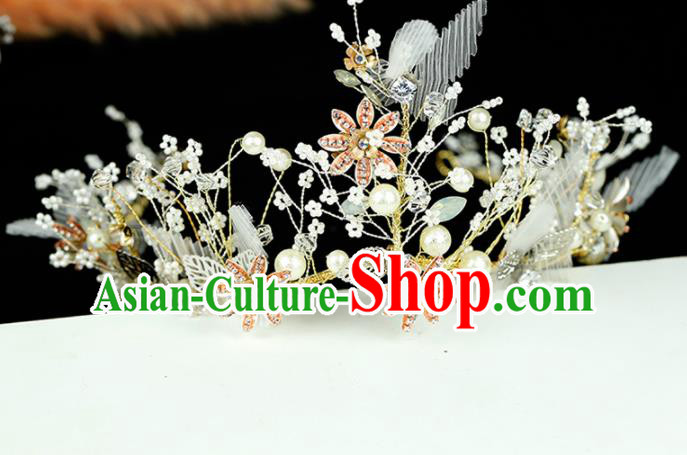 Top Grade Handmade Bride Beads Flowers Royal Crown Baroque Hair Accessories for Women