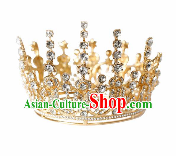 Top Grade Handmade Bride Golden Round Royal Crown Baroque Hair Accessories for Women