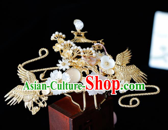 Chinese Traditional Xiuhe Suit Shell Flowers Cranes Hairpins Ancient Bride Handmade Hair Accessories for Women