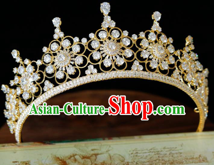 Top Grade Handmade Bride Zircon Golden Royal Crown Baroque Princess Hair Accessories for Women