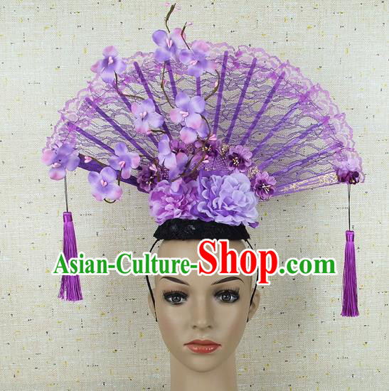 Top Grade Chinese Handmade Lace Headdress Traditional Purple Flowers Hair Accessories for Women