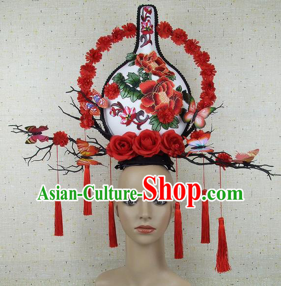 Top Grade Chinese Handmade Lace Headdress Traditional Red Flowers Vase Hair Accessories for Women
