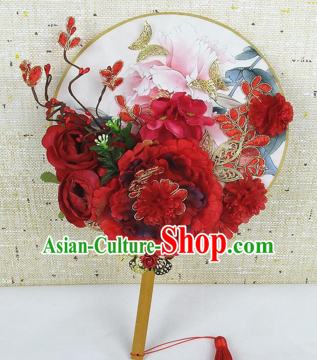 Chinese Traditional Wedding Red Peony Flowers Round Fans Ancient Bride Handmade Palace Fans for Women