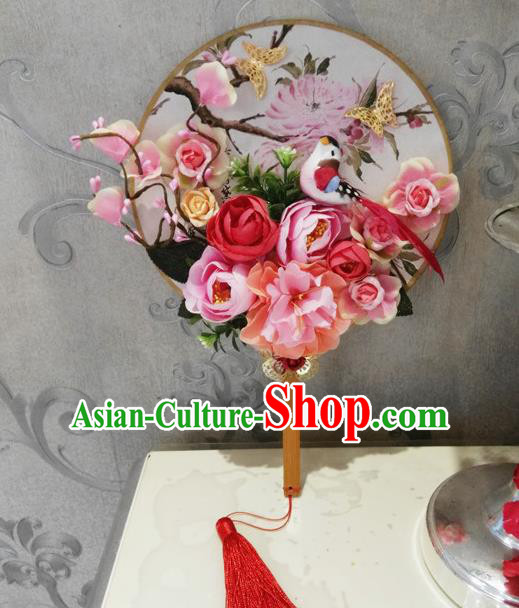 Chinese Traditional Wedding Pink Flowers Bird Round Fans Ancient Bride Handmade Palace Fans for Women