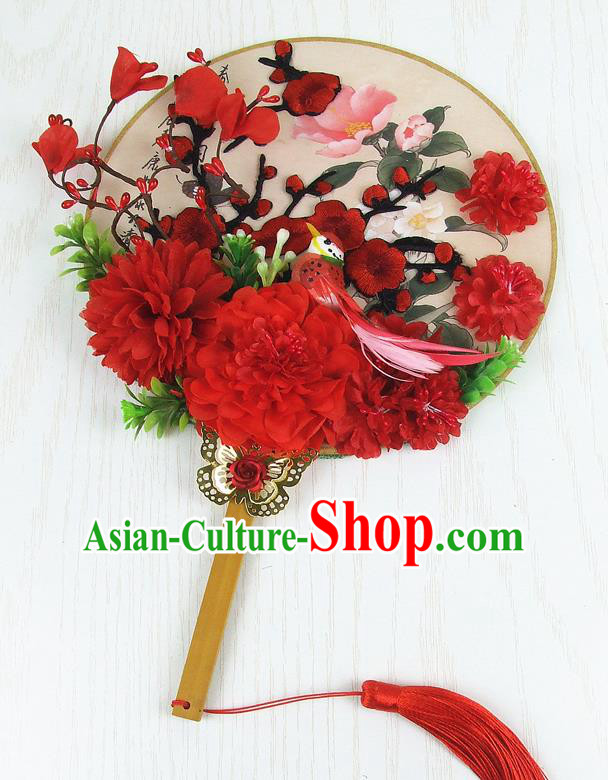 Chinese Traditional Wedding Embroidered Round Fans Ancient Bride Handmade Red Peony Palace Fans for Women
