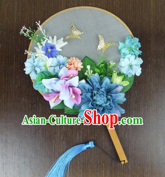 Chinese Traditional Wedding Blue Peony Round Fans Ancient Bride Handmade Palace Fans for Women