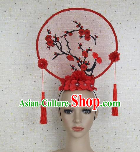Top Grade Chinese Handmade Red Embroidered Plum Blossom Headdress Traditional Hair Accessories for Women