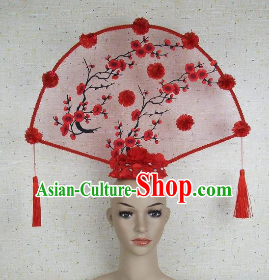 Top Grade Chinese Handmade Red Embroidered Plum Blossom Tassel Headdress Traditional Hair Accessories for Women