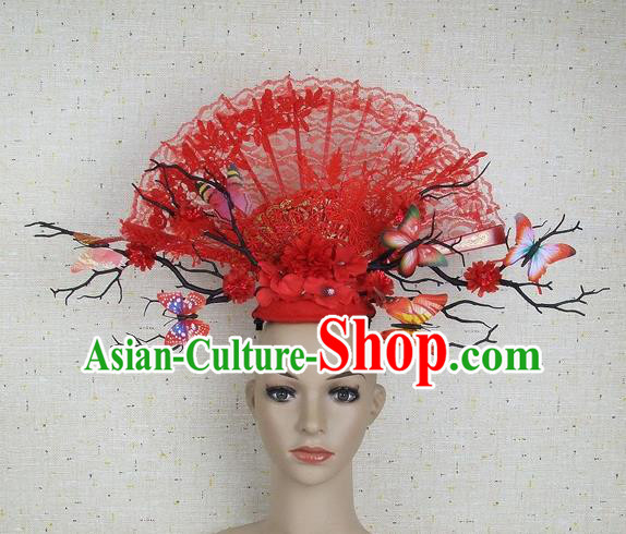 Top Grade Chinese Handmade Red Lace Butterfly Hair Clasp Headdress Traditional Hair Accessories for Women