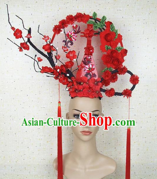 Top Grade Handmade Chinese Red Lute Roses Hair Clasp Headdress Traditional Hair Accessories for Women