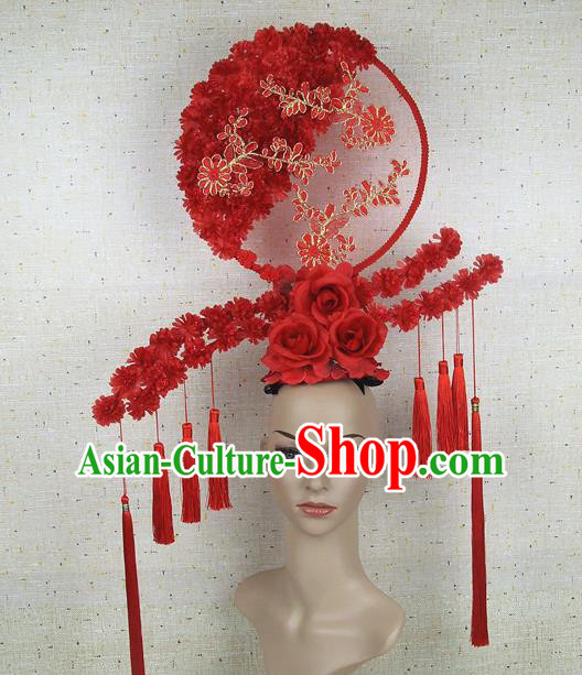 Top Grade Handmade Chinese Red Flowers Tassel Palace Hair Clasp Headdress Traditional Hair Accessories for Women