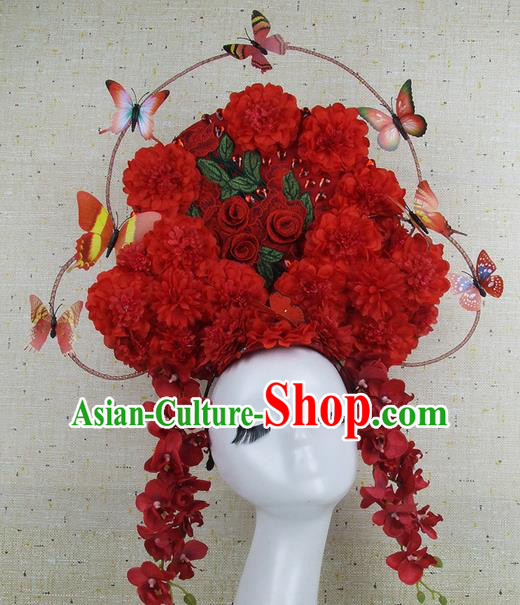 Top Grade Handmade Chinese Red Flowers Palace Hair Clasp Headdress Traditional Hair Accessories for Women