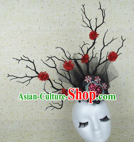 Chinese Traditional Handmade Red Flowers Hair Accessories Halloween Cosplay Headwear for Women