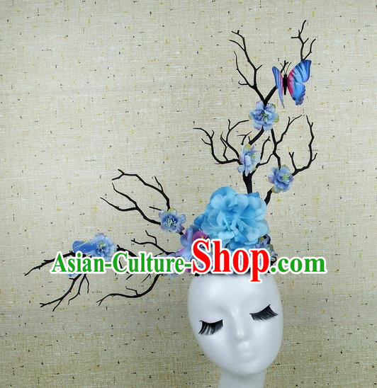 Chinese Traditional Handmade Blue Peony Butterfly Hair Accessories Halloween Cosplay Headwear for Women