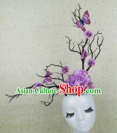 Chinese Traditional Handmade Purple Peony Butterfly Hair Accessories Halloween Cosplay Headwear for Women