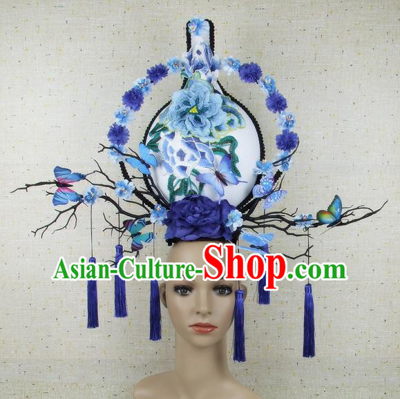 Top Grade Chinese Handmade Blue Peony Vase Headdress Traditional Hair Accessories for Women