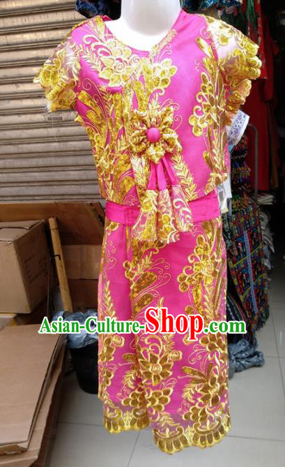 Asian Chinese Ethnic Costumes Traditional Dai Nationality Folk Dance Rosy Dress for Kids