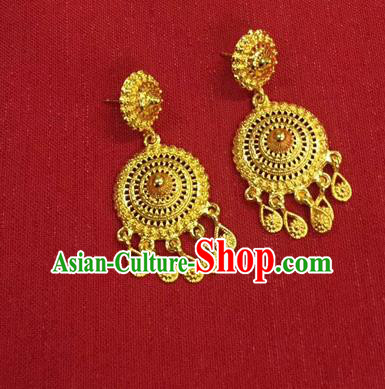 Chinese Ethnic Folk Dance Accessories Traditional Dai Nationality Golden Earrings for Women