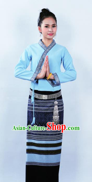 Asian Chinese Ethnic Costumes Traditional Dai Nationality Folk Dance Blue Blouse and Black Skirt for Women