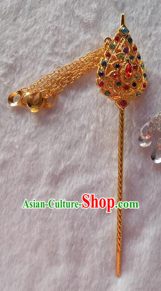 Chinese Ethnic Dai Nationality Hair Accessories Traditional Folk Dance Golden Tassel Hairpins for Women