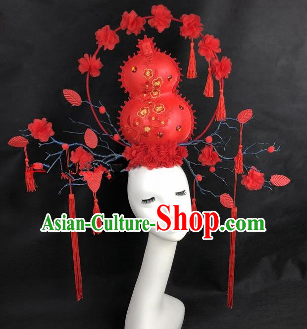 Chinese Traditional Palace Exaggerated Headdress Catwalks Red Cucurbit Hair Accessories for Women